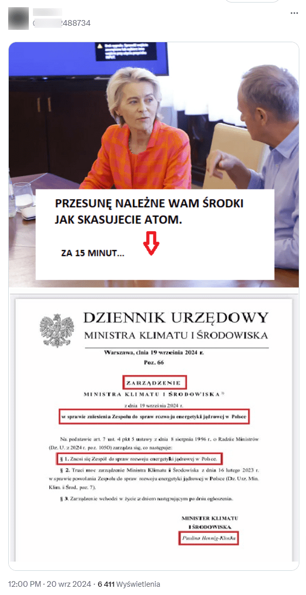 Zrzut ekranu z jednego z postów na portalu X, którego autor twierdzi, że rząd ma zamiar zlikwidować energetykę jądrową w Polsce za pomoc unijną ws. powodzi.