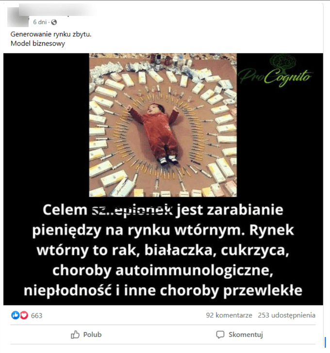 Wpis na Facebooku z grafiką przedstawiającą rzekome skutki uboczne po szczepieniach. Na zdjęciu widać niemowlę otoczone strzykawkami leżące na podłodze.