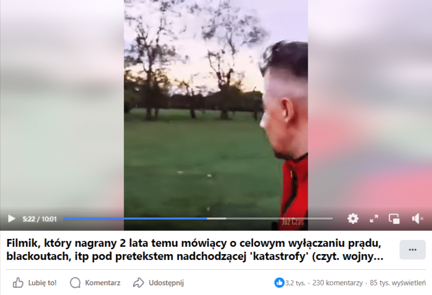 Zrzut ekranu z filmiku, w którym mowa jest o celowym wyłączaniu prądu, nadchodzącej katastrofie i nowym porządku świata.