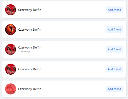 Zrzut ekranu z wyników wyszukiwania na Facebooku. Przykłady kilku kont podających się za „czerwonego delfina”. 