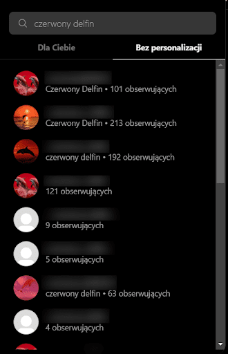 Zrzut ekranu z wyników wyszukiwania na Instagramie. Konta „czerwonego delfina”. 