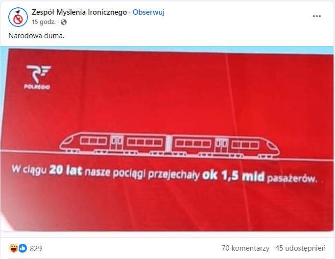 Wpis na Facebooku z rzekomo prawdziwą grafiką Polregio z błędem o 1,5 mld przejechanych pasażerów.