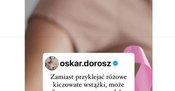 Zrzut ekranu posta na Facebooku. Dołączono do niego ilustracje przedstawiającą osobę wyciągającą rękę. Z prawej obrazek różowej wstążki. Pośrodku zdjęcie profilowe uśmiechniętego mężczyzny w jasnym garniturze oraz wiadomość: „Zamiast przyklejać różowe kiczowate wstążki, może firmy po prostu usunęłyby rakotwórcze składniki ze swoich produktów spożywczych? To dopiero byłby prawdziwy krok w walce z rakiem”.