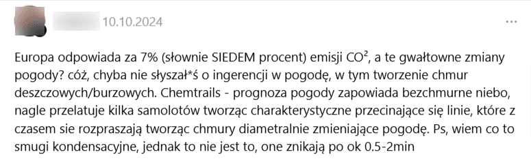 Zrzut ekranu wpisu na platformie Threads, w którym napisano o działaniu chemtrails na klimat i podważono fakt zmiany klimatu z powodu zwiększenia gazów cieplarnianych.