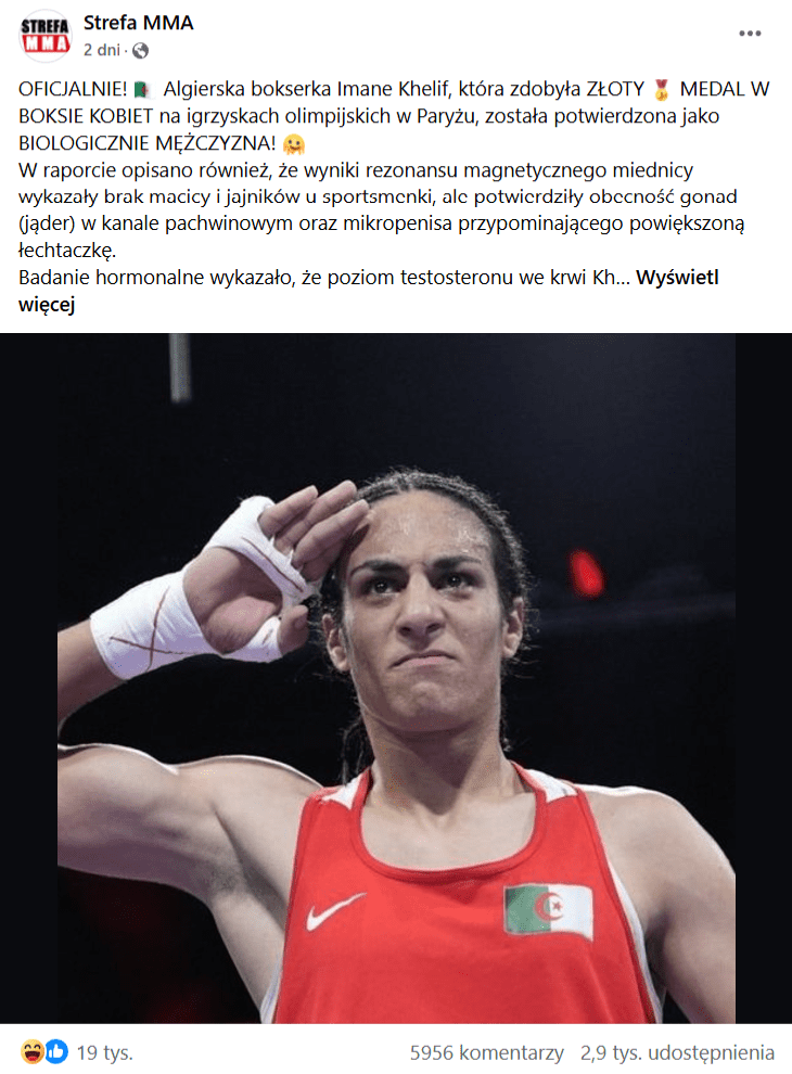 Zrzut ekranu posta z Facebooka. Widoczna Imane Khelif, zawodniczka olimpijska. 19 tys. reakcji, 5968 komentarzy, 2,9 tys. udostępnień.