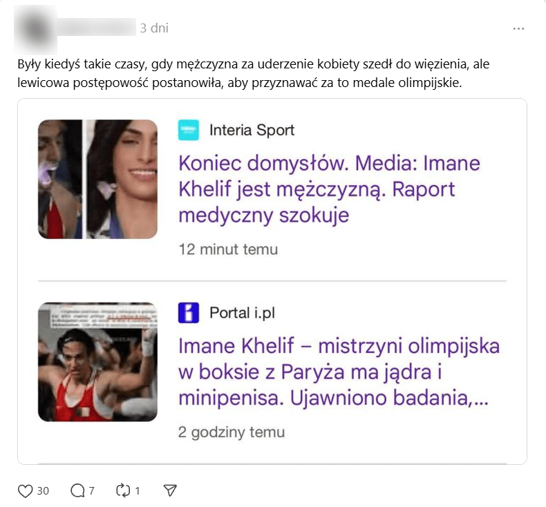 Zrzut ekranu z wpisu na portalu Threads. 30 reakcji, 7 komentarzy, 1 udostępnienie.