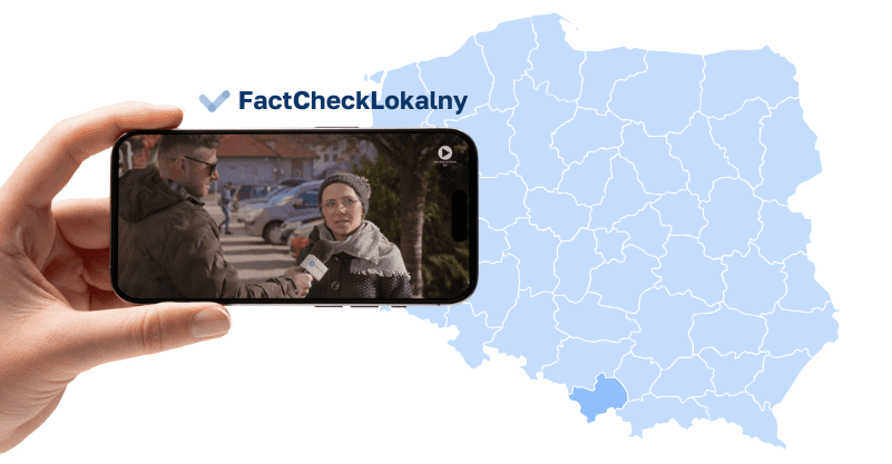 Smartfon z wyświetloną sondą z mieszkańcami. W tle mapa polski z zaznaczonym województwem bielskim. Nad smartfornem napis Fact Check Lokalny