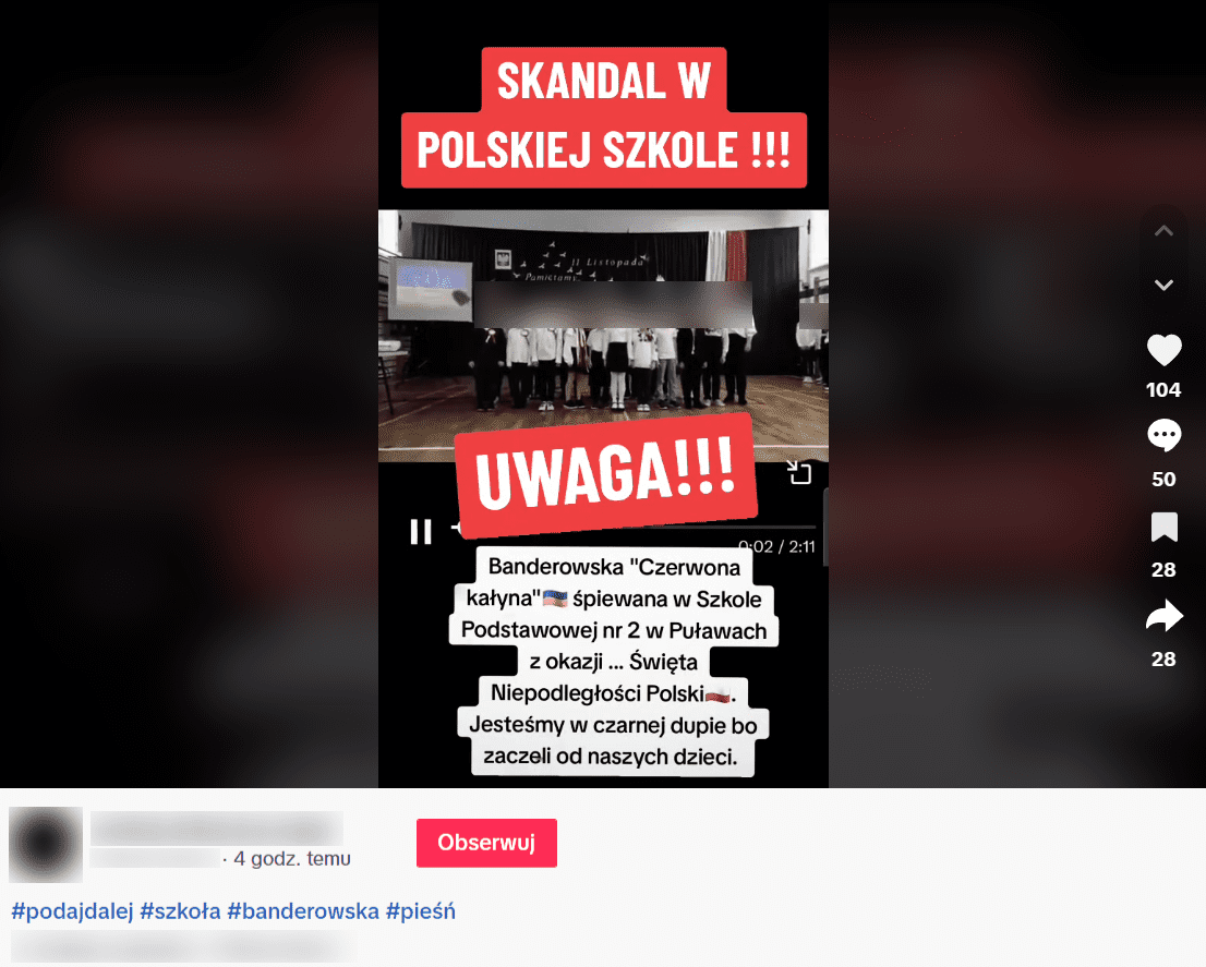 Zrzut ekranu nagrania z TikToka. Widzimy dzieci wraz z nauczycielką w szkole na tle napisu „11 listopada Pamiętamy”. 106 reakcji, 50 komentarzy, 28 udostępnień. 