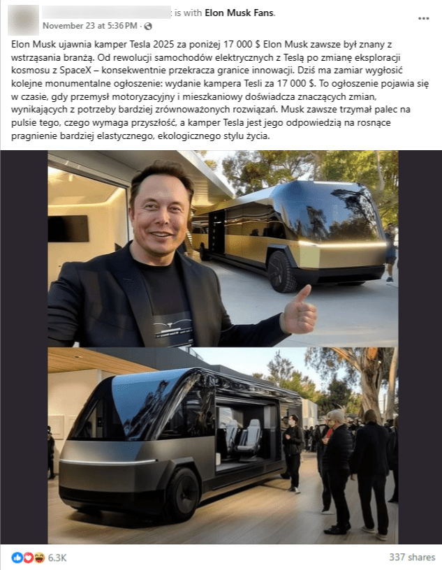 Zrzut ekranu z posta na Facebooku. Na zdjęciu Elon Musk wskazujący na futurystyczny pojazd. 