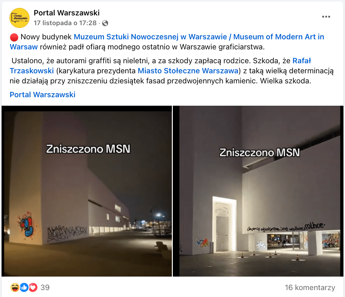 Zrzut ekranu wpisu na Facebooku, w którym informowano o rzekomym uszkodzeniu fasady Muzeum Sztuki Nowoczesnej w Warszawie graffiti.