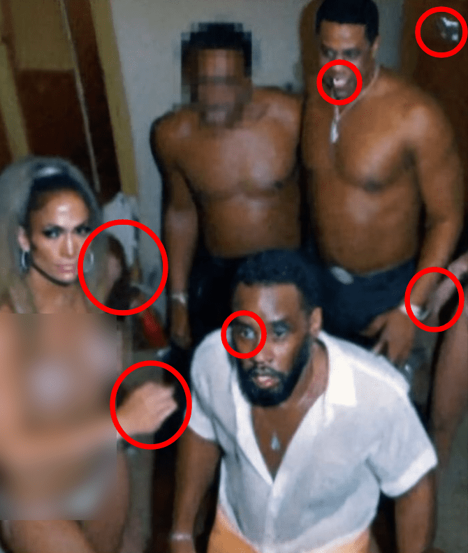 Kolorowy obraz, który przedstawia wizerunek roznegliżowanej Jennifer Lopez oraz kilku innych mężczyzn, w tym P. Diddy’ego, na imprezie. Do obrazu dołączono zaznaczone elementy, które mogą wskazywać na manipulację.