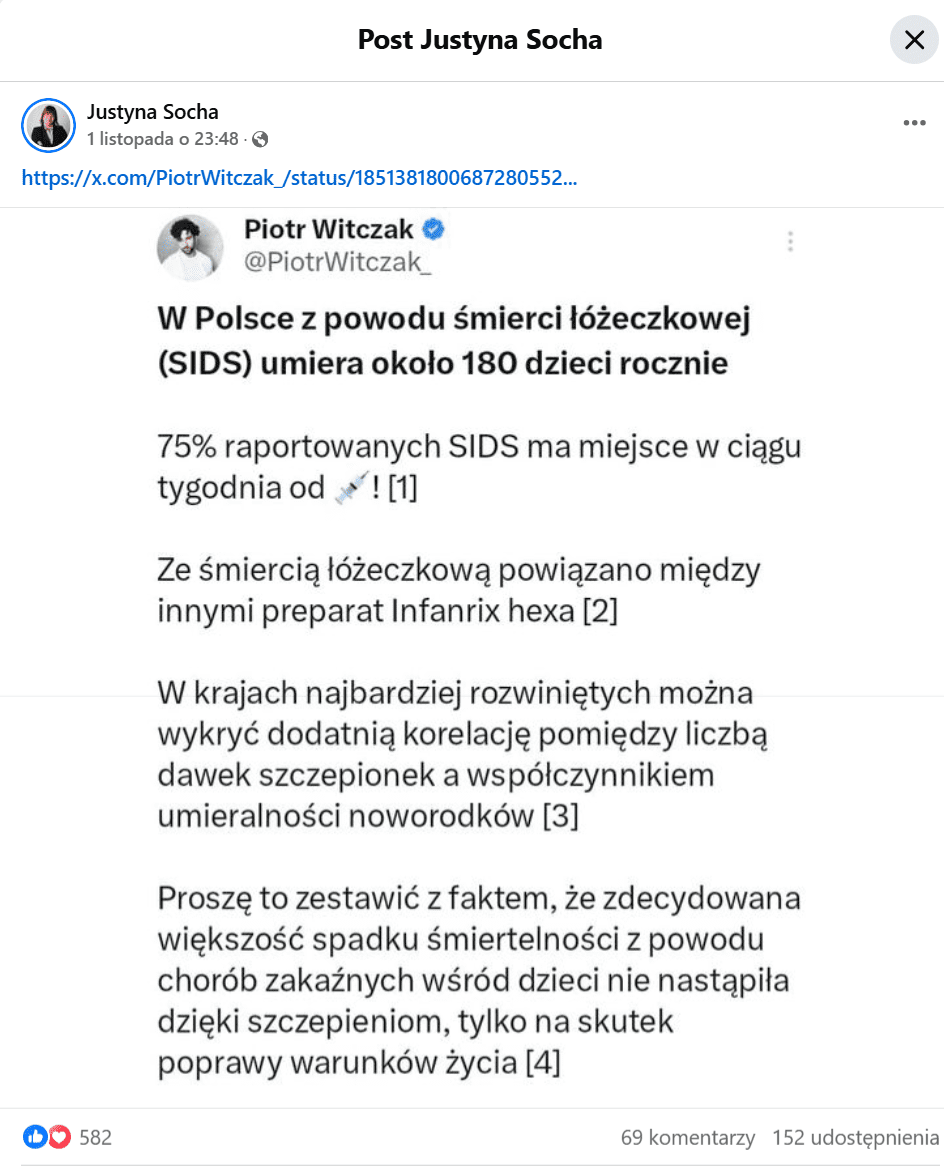 Zrzut ekranu z posta udostępnionego na profilu Justyny Sochy. Widoczna grafika będąca zrzutem ekranu ze wpisu opublikowanego przez Piotra Witczaka na X