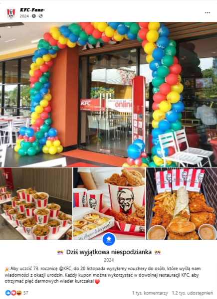 Wpis na Facebooku z profilu KFC Fans zachęcający do zostawienia komentarza, co ma skutkować otrzymaniem vouchera na jedzenie. Do wpisu dołączono zdjęcia przedstawiające restaurację KFC, a także kubełki z mięsem serwowanym w tej sieci fast-food