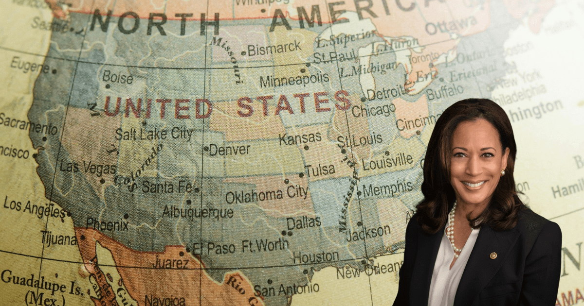 Kamala Harris, w tle mapa USA