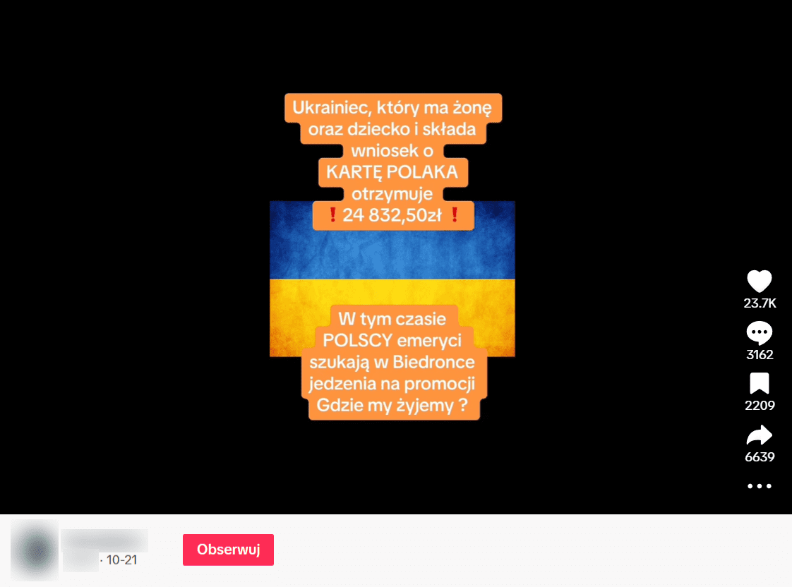 Zrzut ekranu posta na TikToku. 23,8 tys. reakcji, 3162 komentarzy, 6650 udostępnień. 