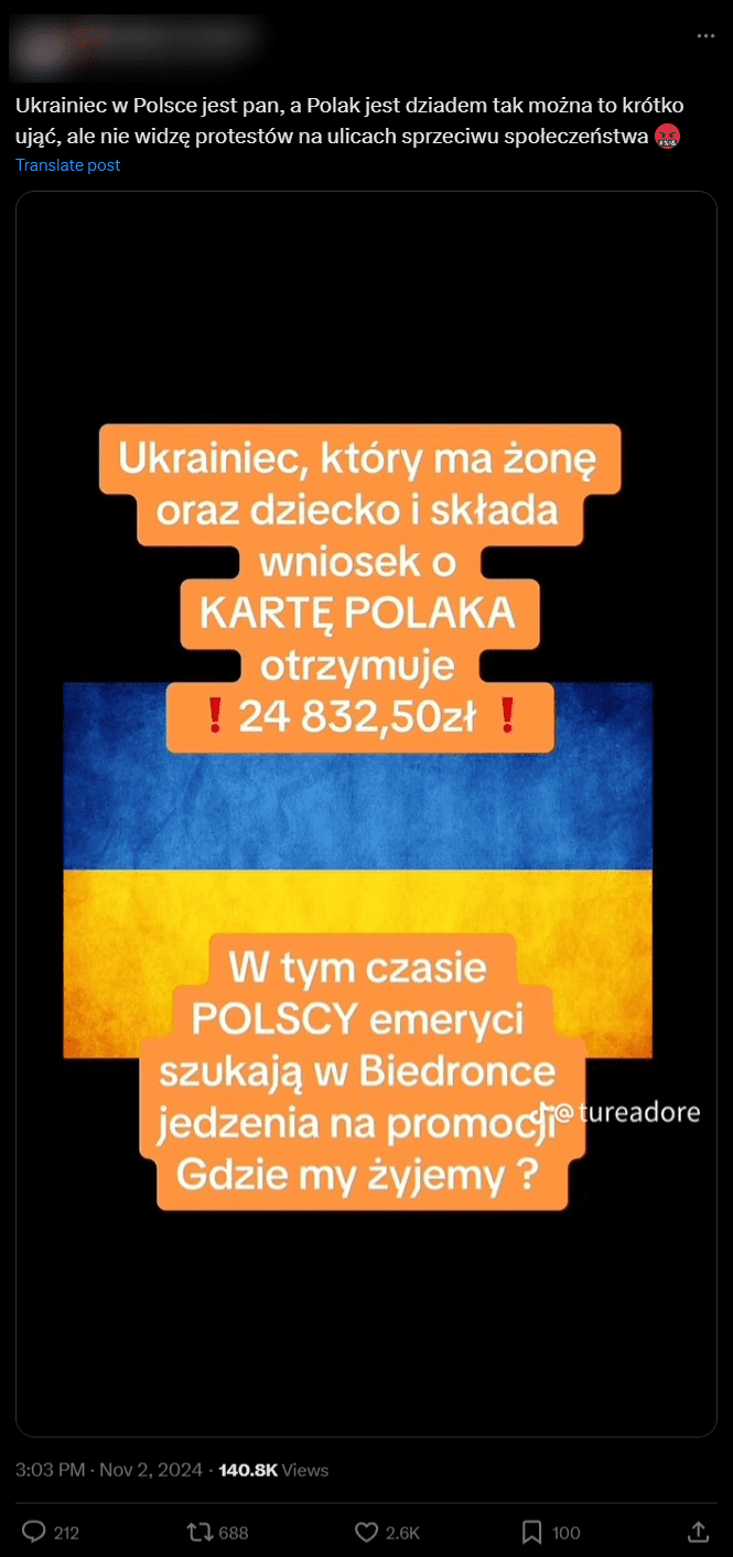 Zrzut ekranu wpisu z portalu X. 140,8 tys. wyświetleń, 2,6 tys. reakcji, 212 komentarzy, 688 udostępnień. 