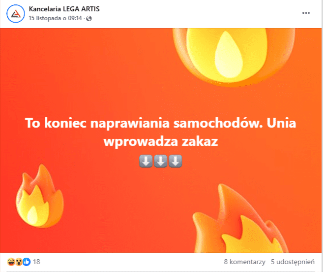 Wpis na profilu Facebookowy Lega Artis o planowanym zakazie naprawiania samochodów, który ma zostać wprowadzony przez Unię Europejską