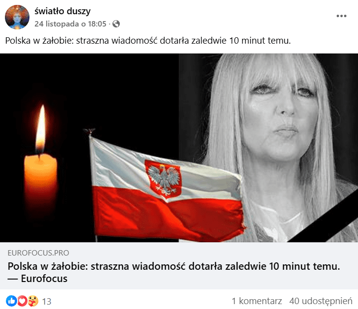 Zrzut ekranu posta na Facebooku. Widzimy czarno-białe zdjęcie Maryli Rodowicz, świecę i flagę Polski. 13 reakcji, 1 komentarz, 40 udostępnień.