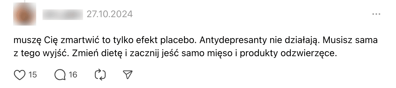 Zrzut ekranu wpisu na portalu Threads, w którym informowano, że antydepresanty są efektem placebo i nie działają, a o zdrowie psychiczne należy zadbać, jedząc wyłącznie mięso oraz produkty odzwierzęce.