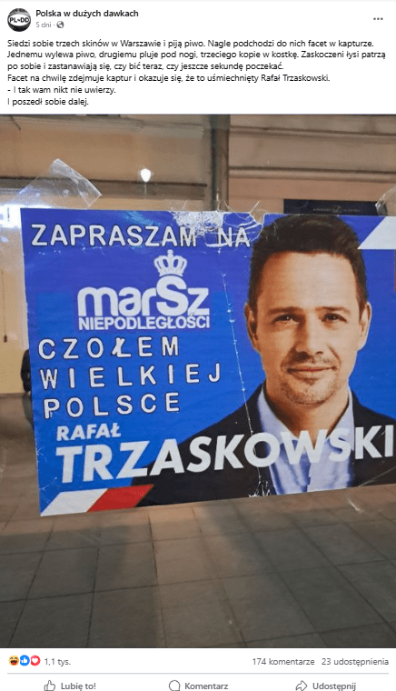 [ALT: Na zrzucie ekranu widać wpis z rzekomym plakatem Rafała Trzaskowskiego zapraszającym na Marsz Niepodległości. Post zyskał 1,1 tys. reakcji, 174 komentarze i 23 udostępnienia.]