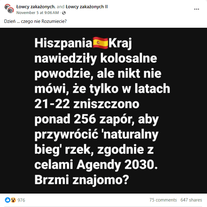 Zrzut ekranu z posta na Facebooku. Informacja o niszczeniu zapór wodnych, które miało doprowadzić do powodzi.