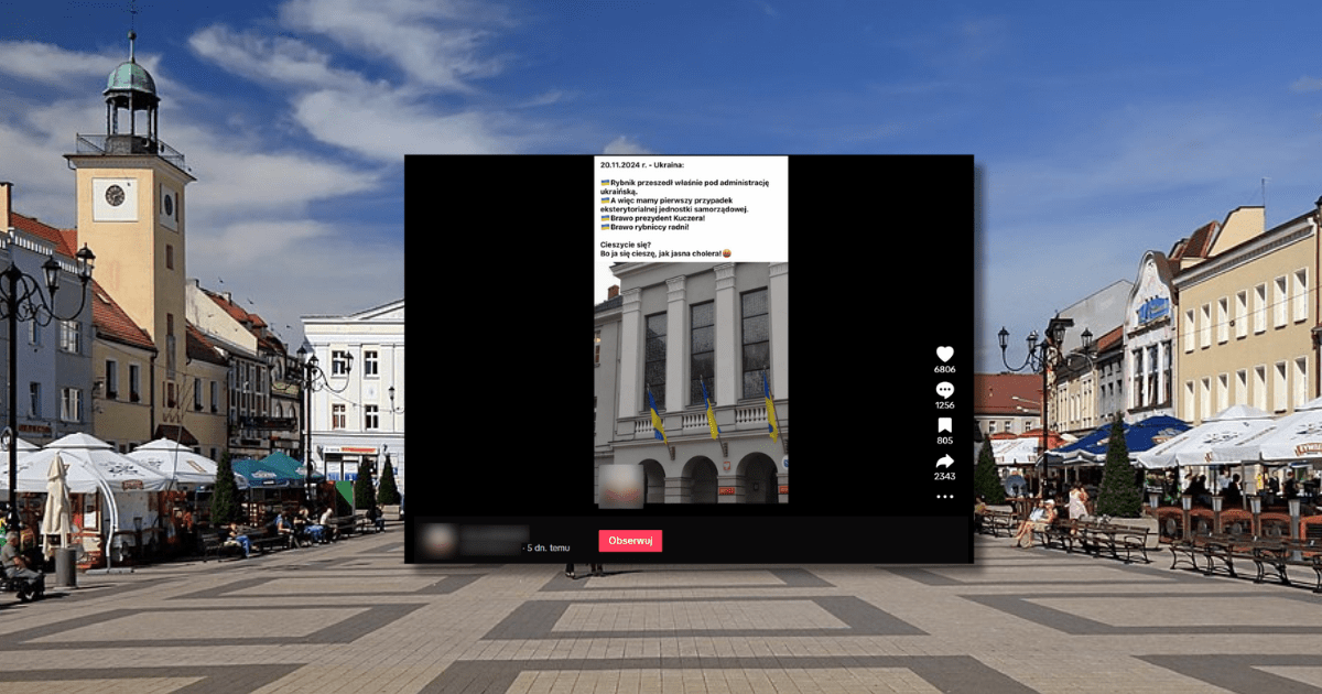 screen z TikToka, w tle rynek miasta Rybnik