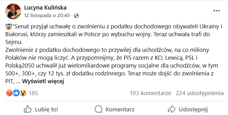 Zrzut ekranu posta na Facebooku. 185 reakcji, 103 komentarze, 224 udostępnienia. 