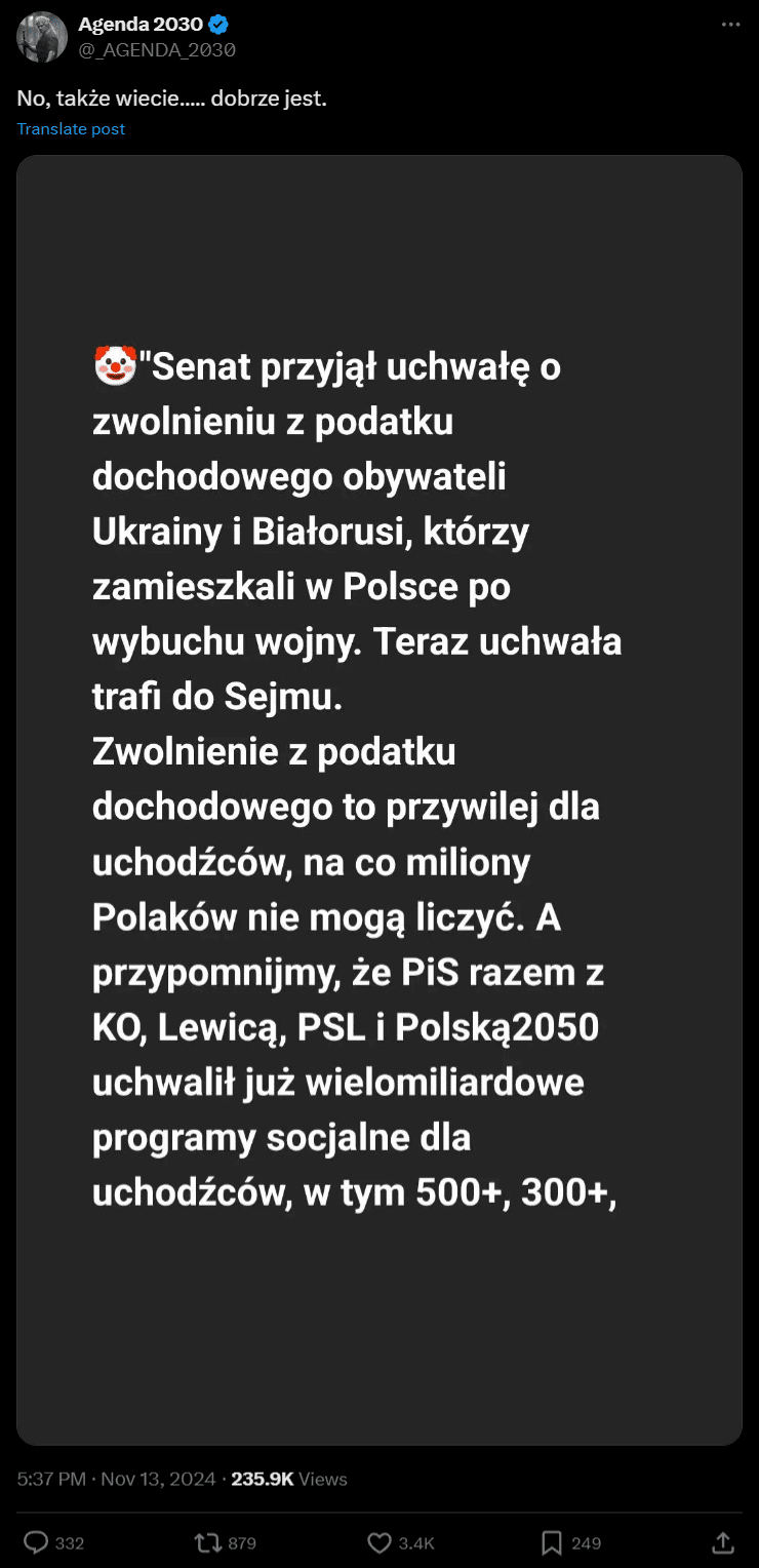 Zrzut ekranu wpisu na portalu X. 236 tys. wyświetleń, 331 komentarzy, 3,4 tys. reakcji, 879 udostępnień. 