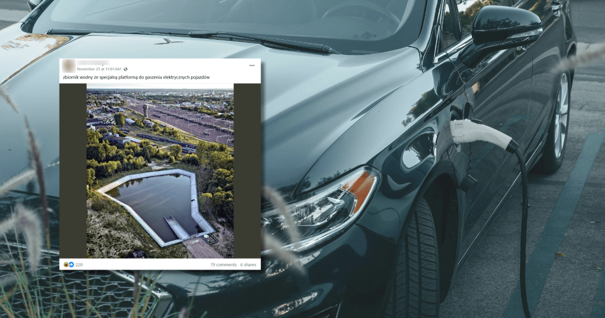 screen z Facebooka, w tle auto elektryczne