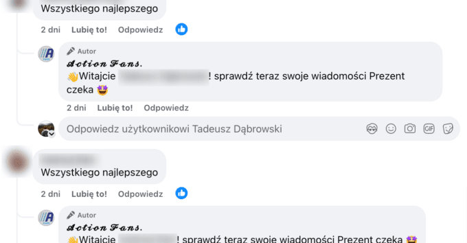 Zrzut ekranu komentarzy pod omawianym postem. Pokazano na nim przykłady komentarzy użytkowników, którzy złożyli krótkie życzenia i otrzymali od administratora dopowiedź o treści: „sprawdź teraz swoje wiadomości Prezent czeka”.