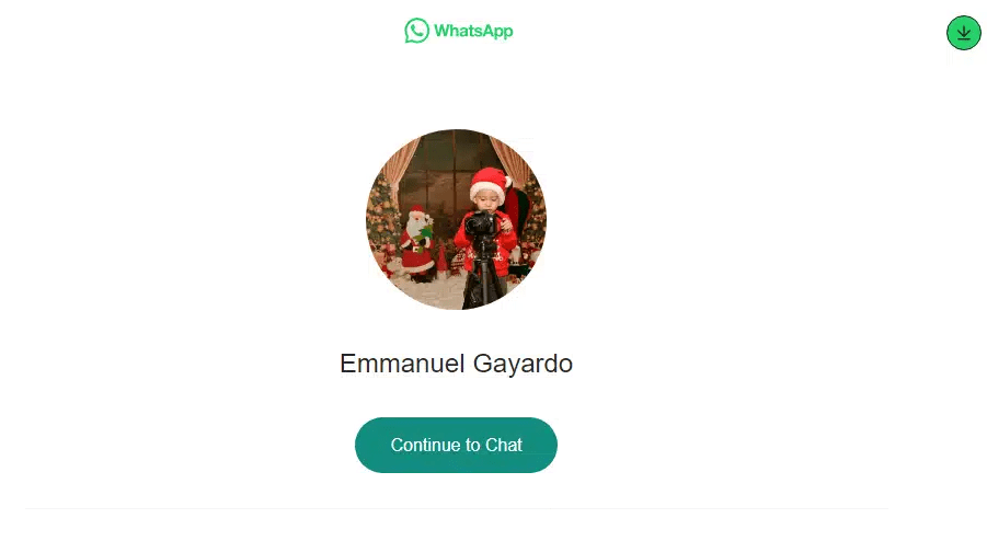 Konwersacja na WhatsAppie, która uruchamia się po kliknięciu linku. Rozmowa ma odbywać się z użytkownikiem Emmanuel Gayardo, a na zdjęciu profilowym widać małego chłopca w stroju św. Mikołaja stojącego za aparatem na obiektywie. W tle są świąteczne dekoracje