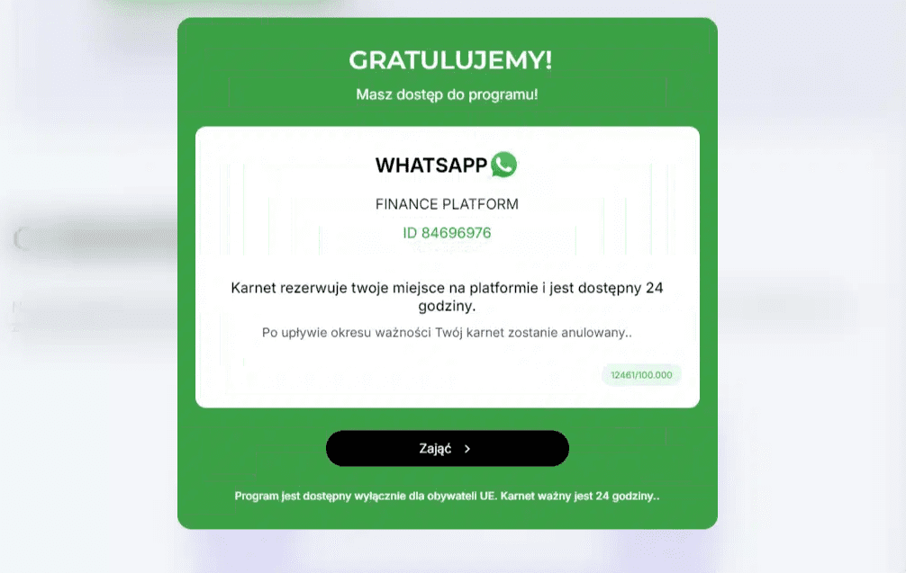 Zrzut ekranu ze strony oszustów. Zielony komunikat informujący o otrzymaniu dostępu do programu.