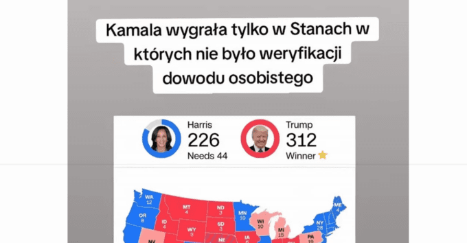 Zrzut ekranu posta na Facebooku. Załączono do niego mapę USA z zaznaczonymi na czerwono stany, w których wygrał Donald Tramp i na niebiesko stany, w których wygrała Kamala Harris.