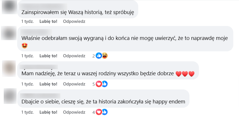 Zrzut ekranu z sekcji komentarzy, w której użytkownicy życzyli powodzenia poszkodowanej rodzinie oraz sugerowali, że spróbują swoich sił w grze w kasynie online.