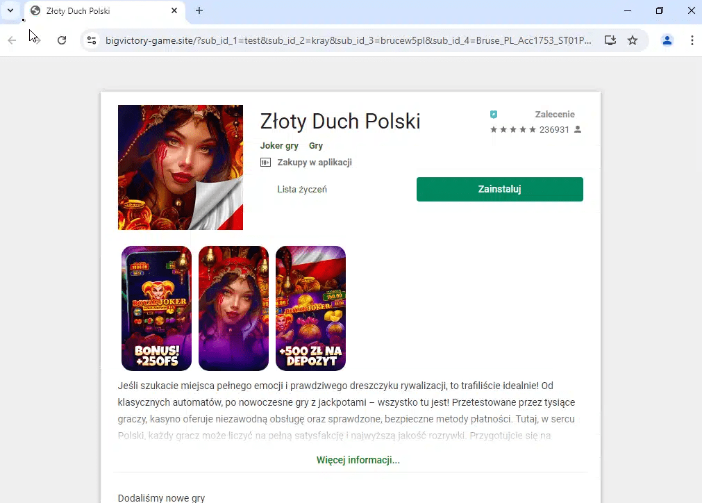 Zrzut ekranu ze strony internetowej, która imituje sklep Google Play. Internetowi oszuści zachęcają do pobrania aplikacji o nazwie “Złoty Duch Polski”.