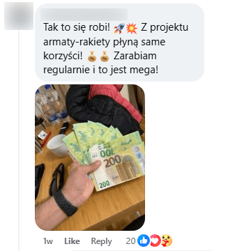 Zrzut ekranu przykładowego komentarza. Zdjęcie gotówki.