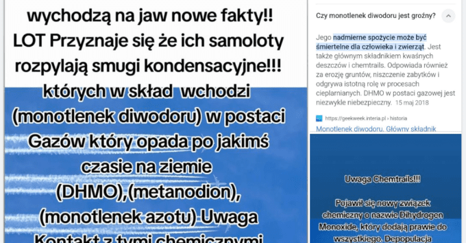 Zrzut ekranu posta na Facebooku. Dołączono do niego zrzuty ekranu z grafikami przedstawiającymi zdjęcie bezchmurnego nieba, na którym widać smugi kondensacyjne.