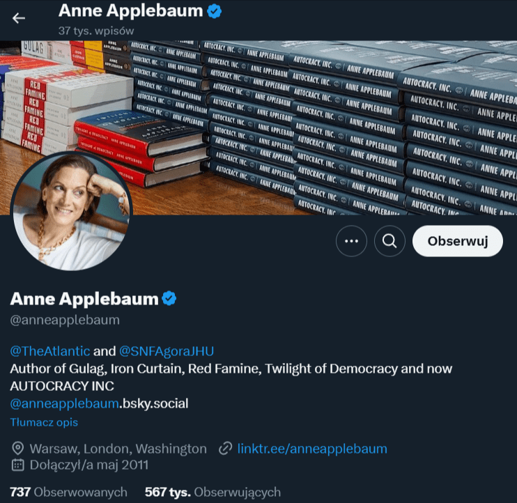 Zrzut ekranu z konta Anne Applebaum.