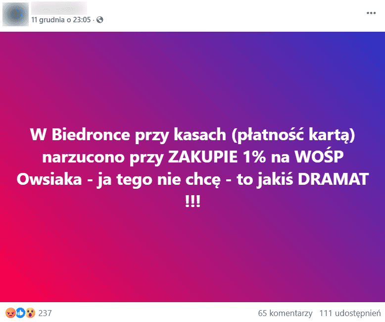 Zrzut ekranu posta na Facebooku. 237 reakcji, 65 komentarzy, 111 udostępnień. 