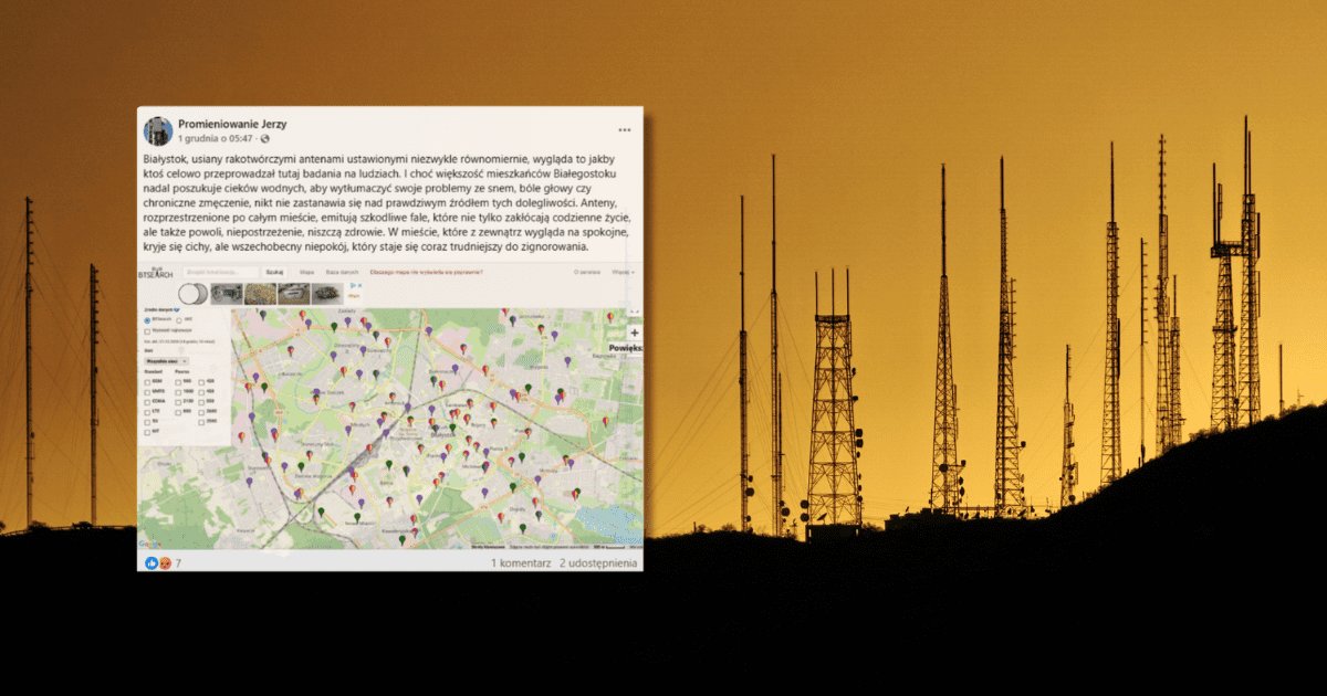 Zrzut ekranu posta z Facebooka, w tle wierze transmisyjne na wzgórzu