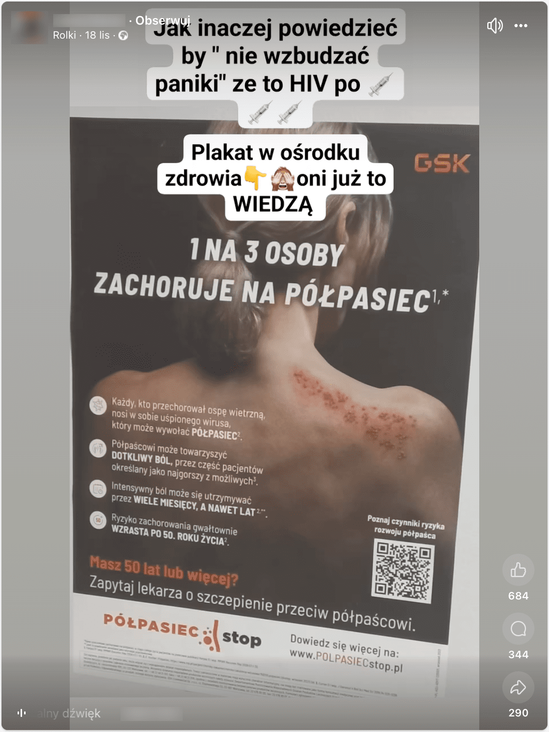  Zrzut ekranu rolki na Facebooku, w której informowano, że półpasiec to HIV po szczepieniach. W materiale zamieszczono zdjęcie plakatu kampanii edukacyjnej na temat półpaśca.