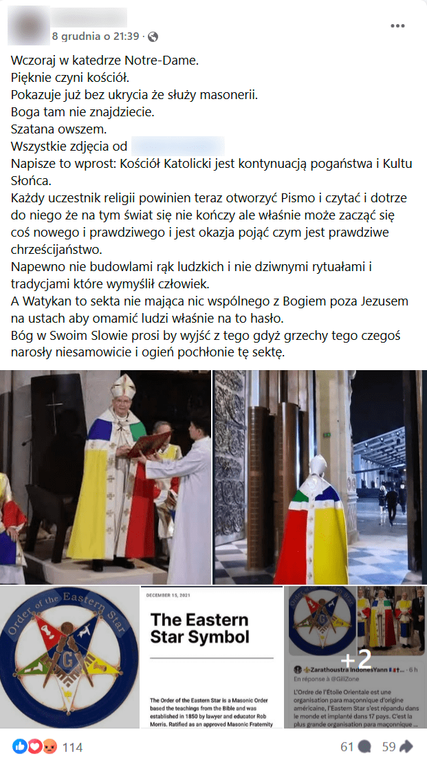 Zrzut ekranu z posta na Facebooku. Na zdjęciach kapłani ubrani w kolor żółty, czerwony, niebieski, zielony i biały. Obok gwiazda w podobnych odcieniach. 