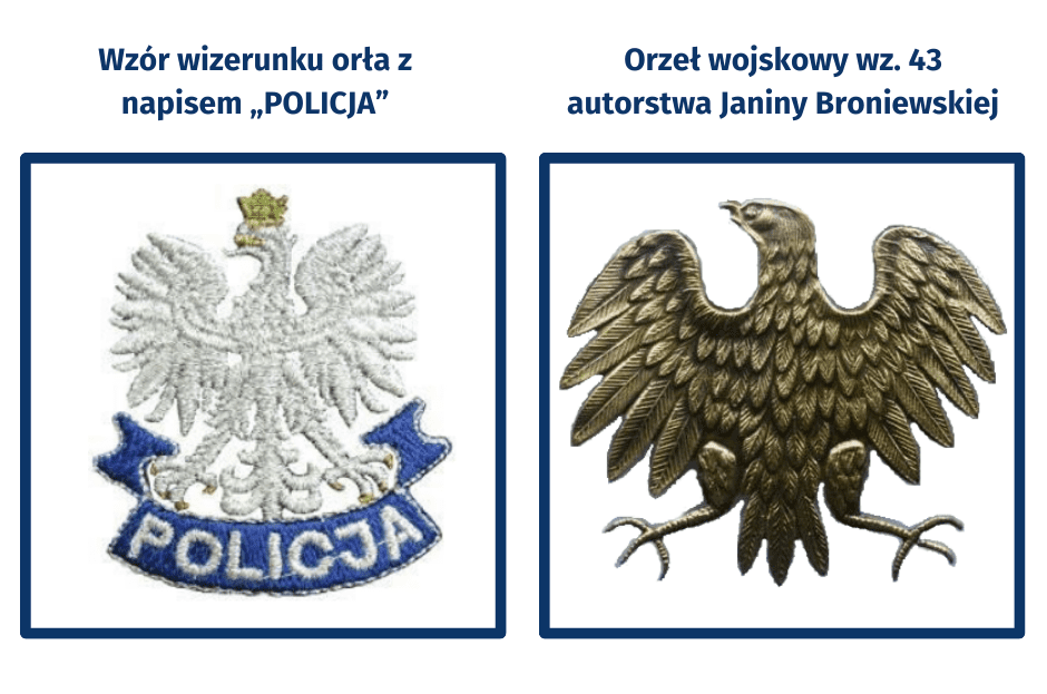 Porównanie obrazów wzoru orła z napisem „Policja" oraz orła wojskowego wz. 43.