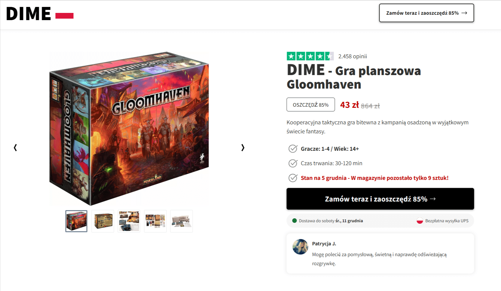 Witryna, która pokazuje się po kliknięciu w link ze wpisu. Uruchamia się strona o nazwie DIME, która sprzedaje wyłącznie grę Gloomhaven.