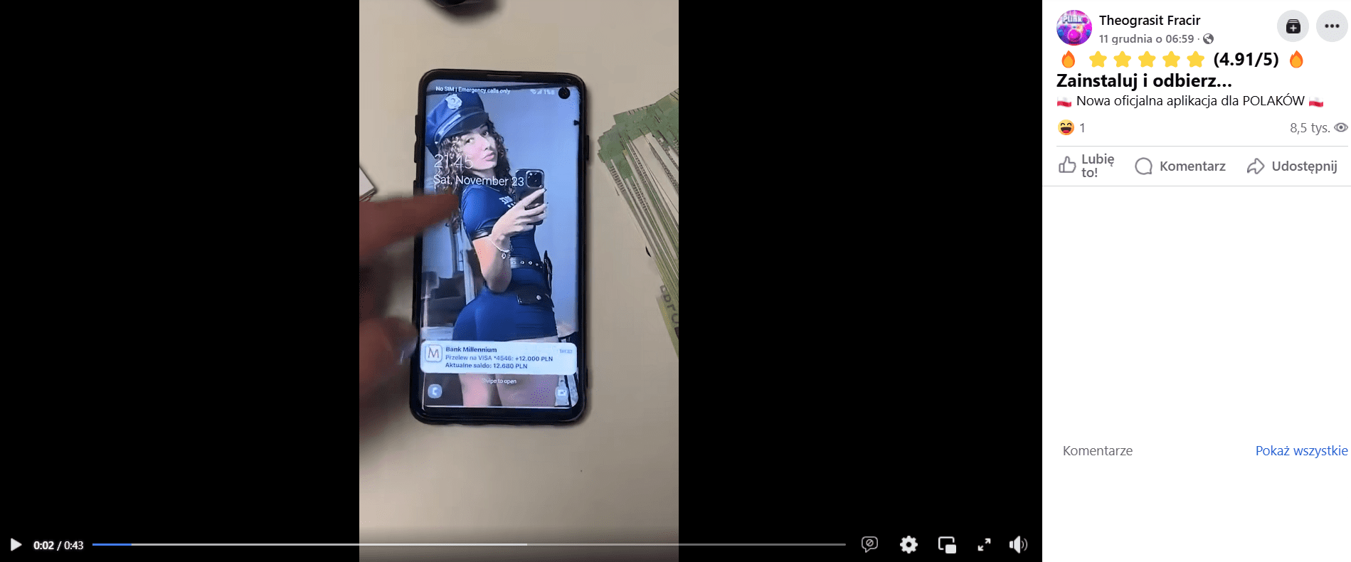 Zrzut ekranu z posta na Facebooku. Na ekranie telefon z informacją o przelewie.
