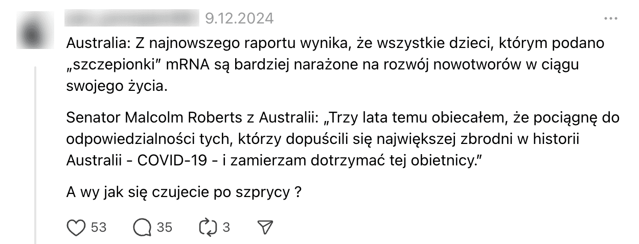 Zrzut ekranu wpisu na Threads, w którym cytowano wypowiedź senatora Malcolma Robertsa z Australii na temat COVID-19 oraz zagrożenia dla dzieci wynikającego ze szczepienia przeciw tej chorobie.