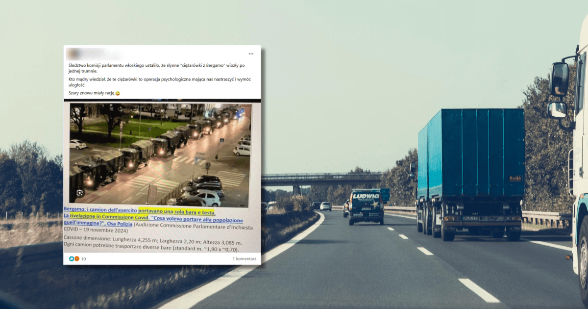 screen z Facebooka, w tle autostrada i ciężarówki