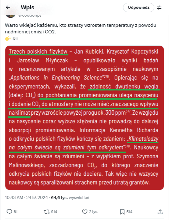 Wpis na portalu X z profilu Coolfon podający dalej informacje o braku wpływu CO2 powyżej pewnego poziomu na zmianę klimatu