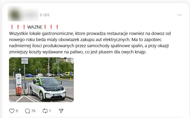 Wpis na Threads z informacją o obowiązku zakupu elektryków przez restauracje. Do posta dołączono zdjęcie pojazdu elektrycznego podłączonego do stacji ładowania