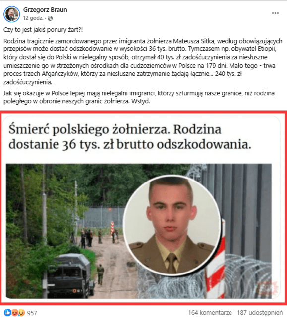 Wpis z profilu Grzegorza Brauna. Załączone zdjęcie przedstawia płot na granicy z drugem kolczastym, zdjęcie Mateusza Sitka w okręgu oraz informacje o tym, że „rodzina dostanie 36 tys. brutto odszkodowania”.